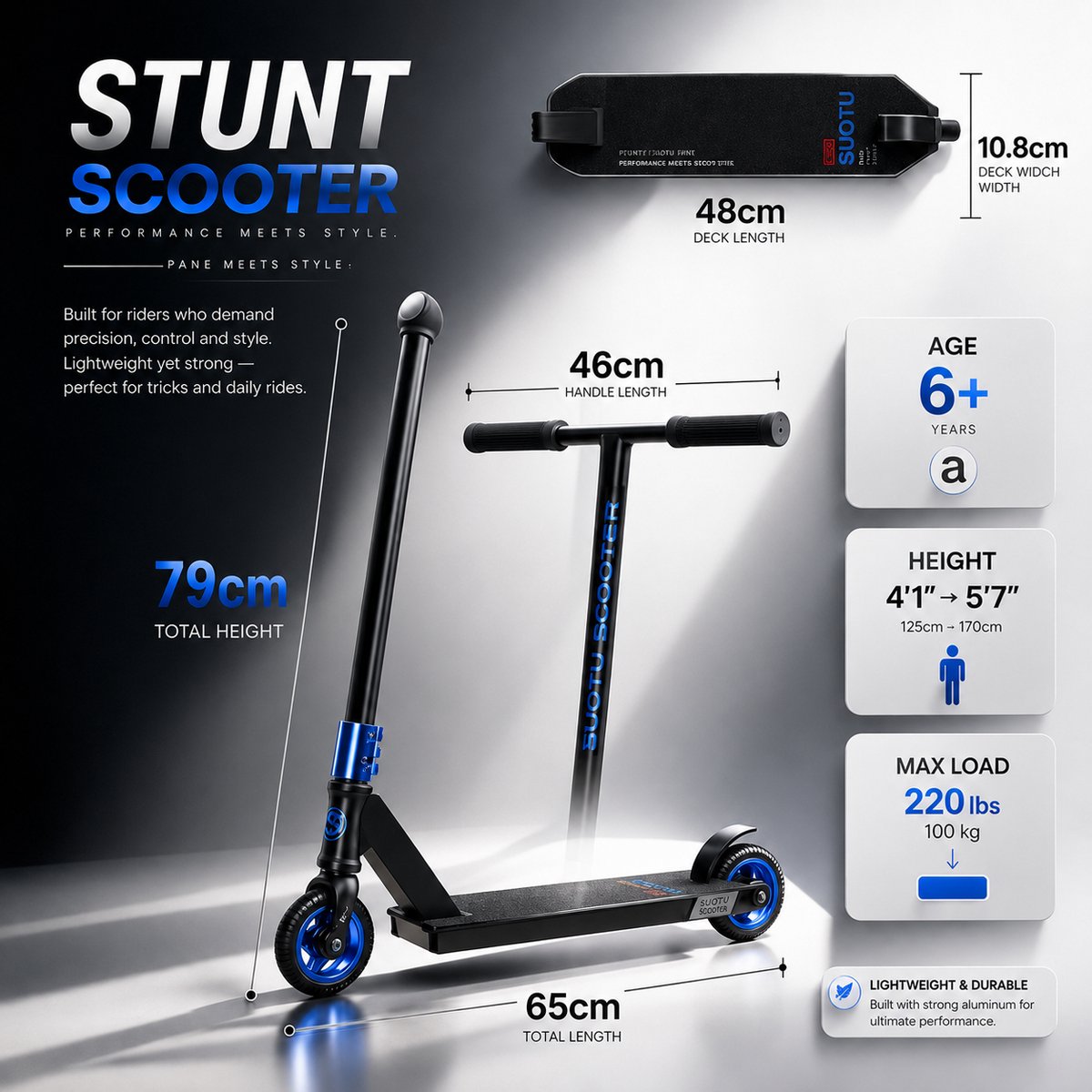 Suotu Stuntstep - Step - Kinderstep - Silent axle - Speelgoed Jongens/Meisjes - Maximale stuurhoogte: 78 cm - Aluminium - Zwart/Blauw — afbeelding 8