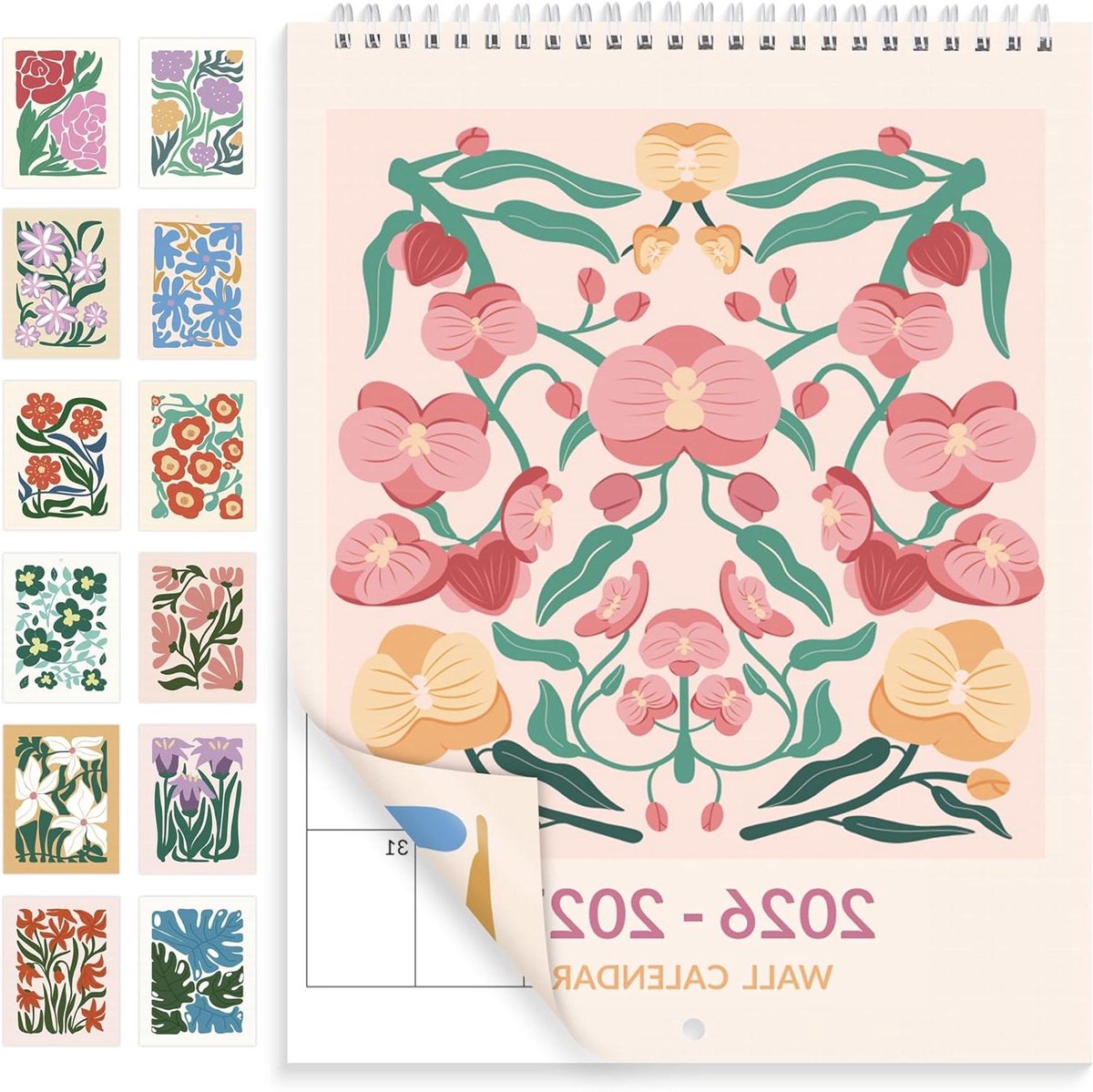 Wandkalender 2026-2027 - Bloemenkalender Maandplanner - Planning Thuis Kantoor - Esthetische Bloempatronen - 215 x 289 cm - Multicolor