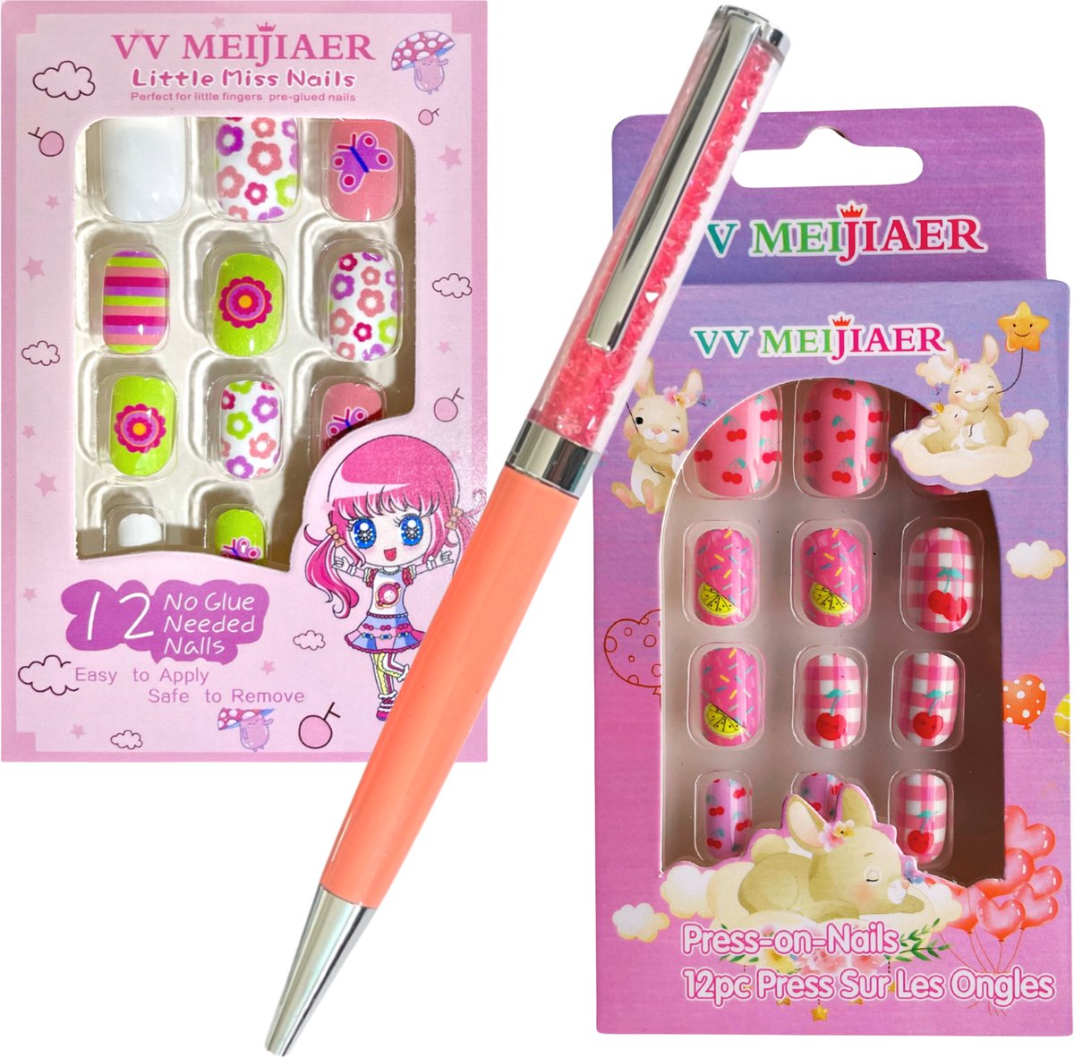 Plaknagels Duopack Dots & Cherry| Set van 2 Nepnagels Valse Nagels | Met Gratis Diamant Pen | Kinderen | Geen Lijm Nodig