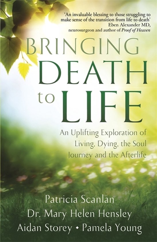 Boekhoes van 'Bringing Death to Life' met groene bladeren en tekst over leven, sterven en het hiernamaals.