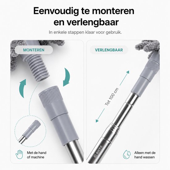 Montage en verlengbare steel van de plumeau, met illustraties die de stappen tonen.