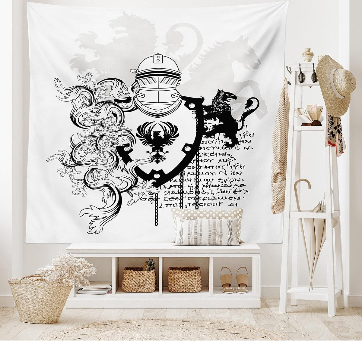 ABAKUHAUS Zwart-wit Wandtapijt, Middeleeuwse Ridder, Woonkamer Slaapkamer Wanddoek Zijdezacht Satijnen Wandtapijt, 150 x 100 cm, Wit Zwart Wit-zwart