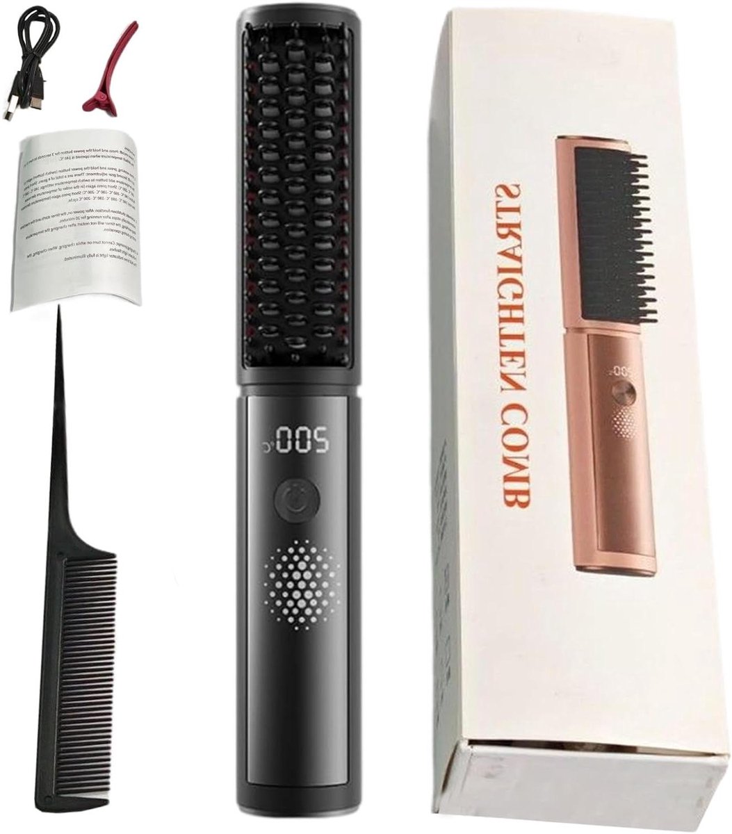 Haar Stijltang Borstel - Draadloze Styler - Snel Haar Stylen - Snel Opwarmend - Compact Formaat - Zwart