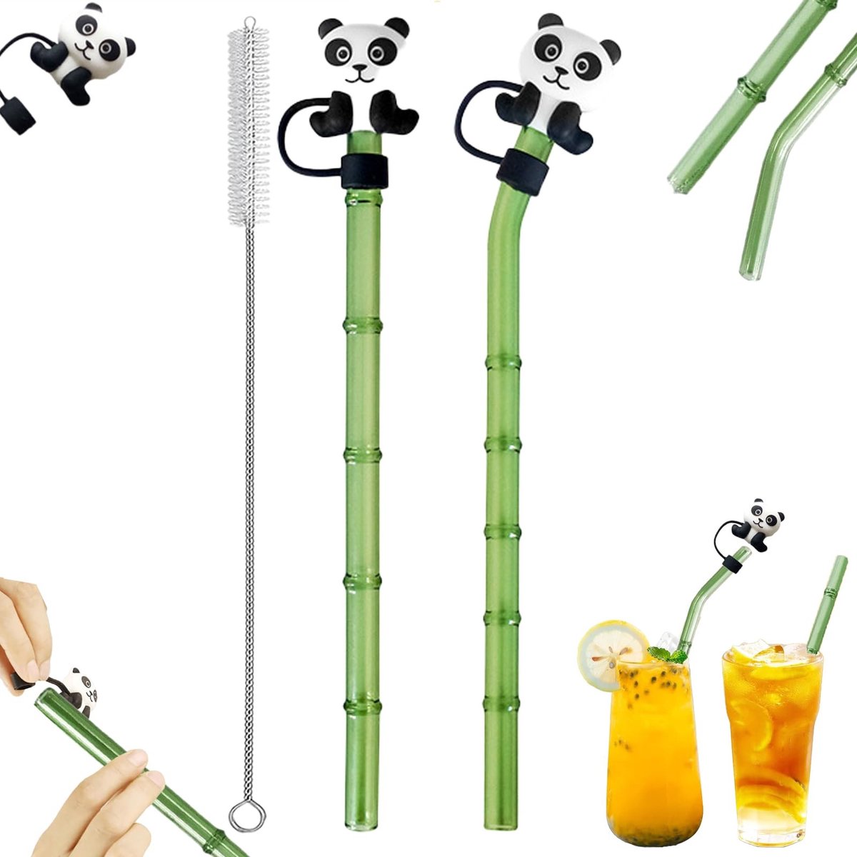 Cosensi - Dailygoods - Set van 3 Glazen Rietjes met Bamboedesign en Reinigingsborstel