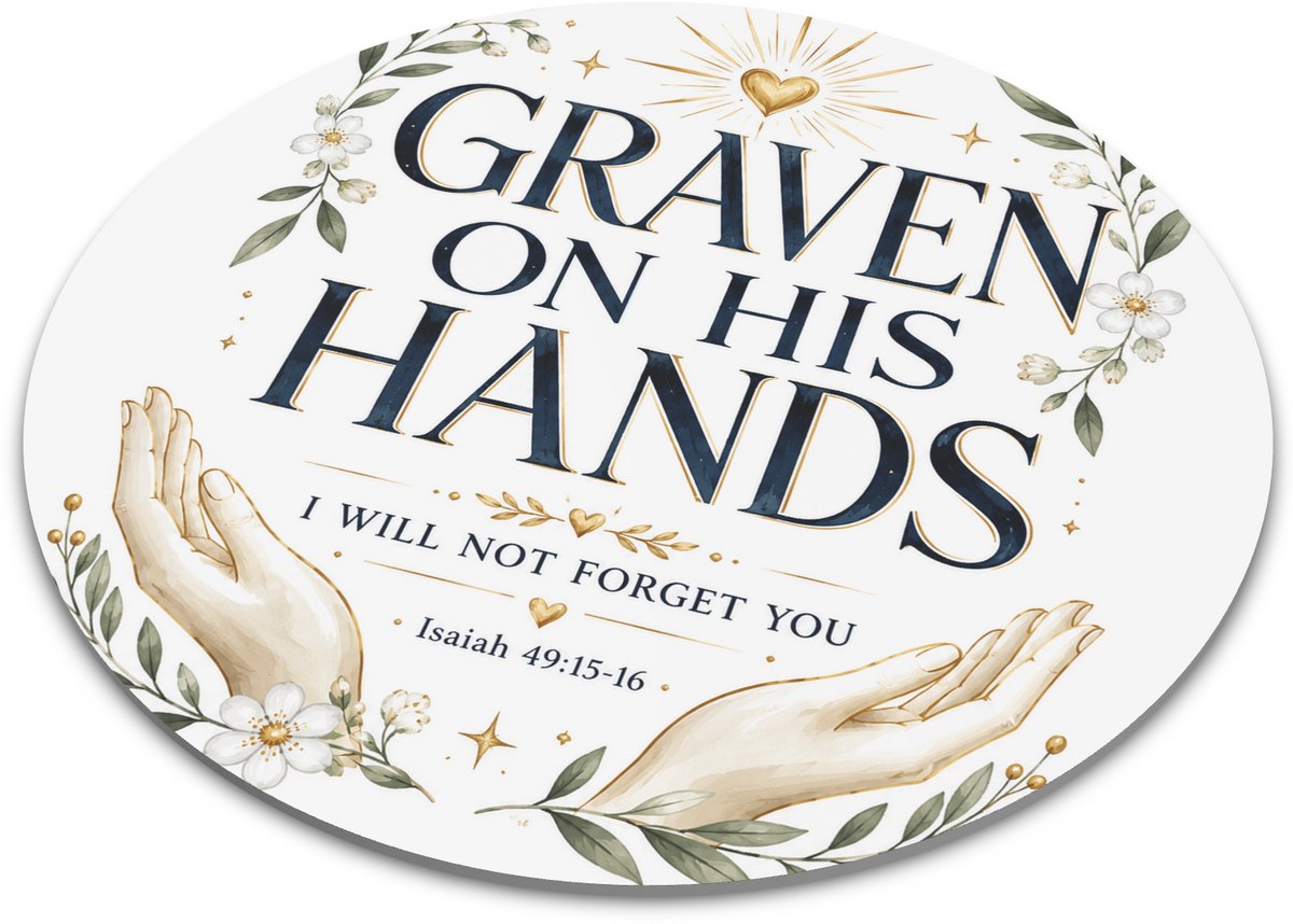 Ronde muismat met christelijke quote 'Graven On His Hands' - Aquarel illustratie met open handen en bloemen - Bijbeltekst Jesaja 49:15-16 - Liefdevol religieus cadeau voor kantoor of bureau - 22x22 cm