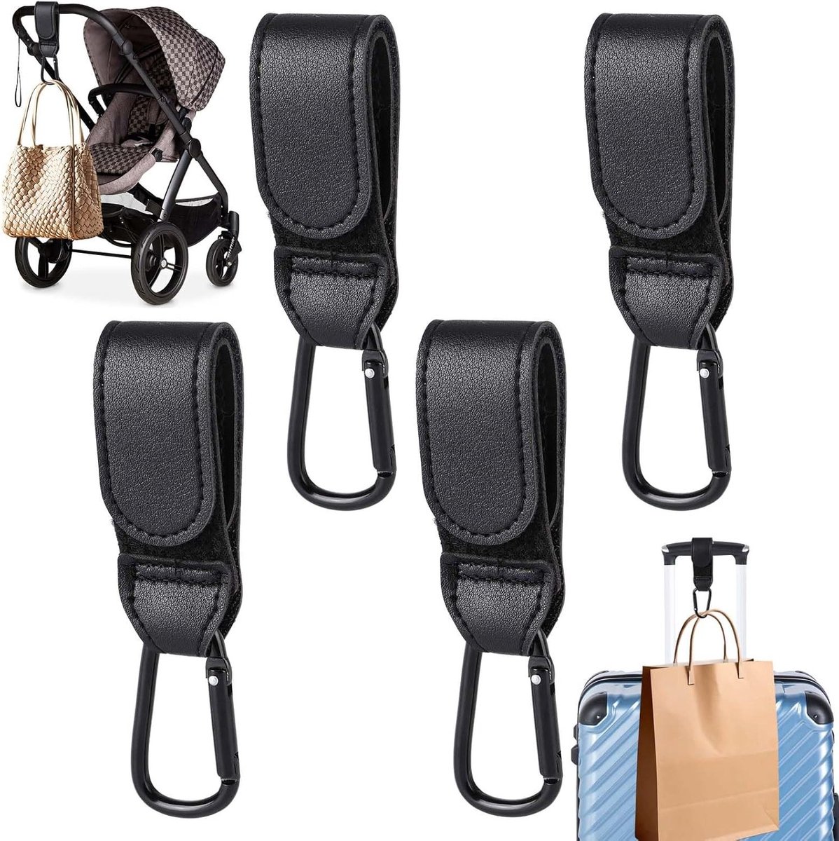 Set van 4 Universele Kinderwagenhaken voor Tassen, Carabiner Haken, Leer, Ideaal voor Kinderwagens en Koffers (Zwart)