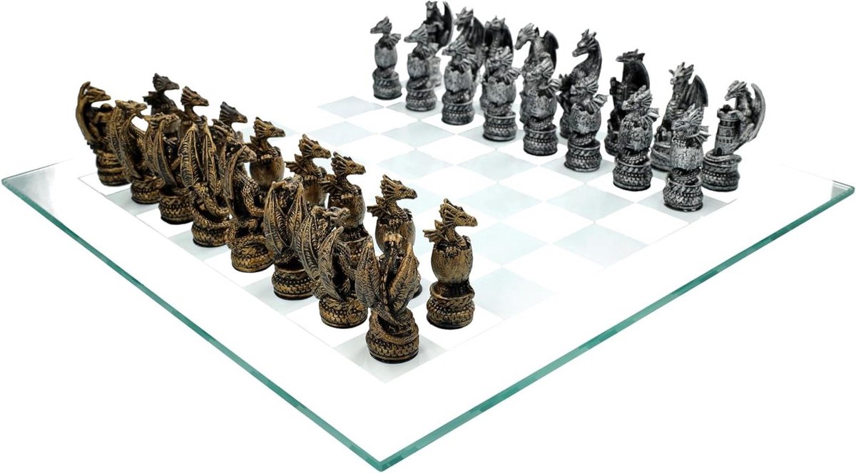 Schaakspel Draak - Fantasy schaakset - Strategisch Spel - Handgeschilderde Figuren - 38x38 cm Bord - Goud Zilver