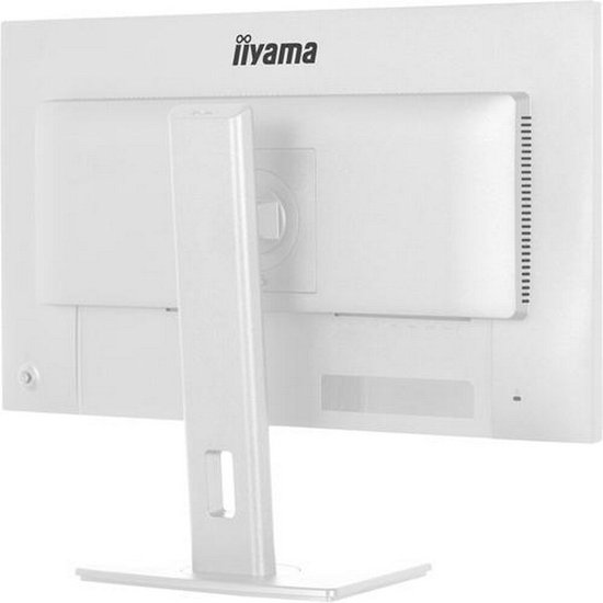 Achterkant van een witte iiyama monitor met een verstelbare voet.