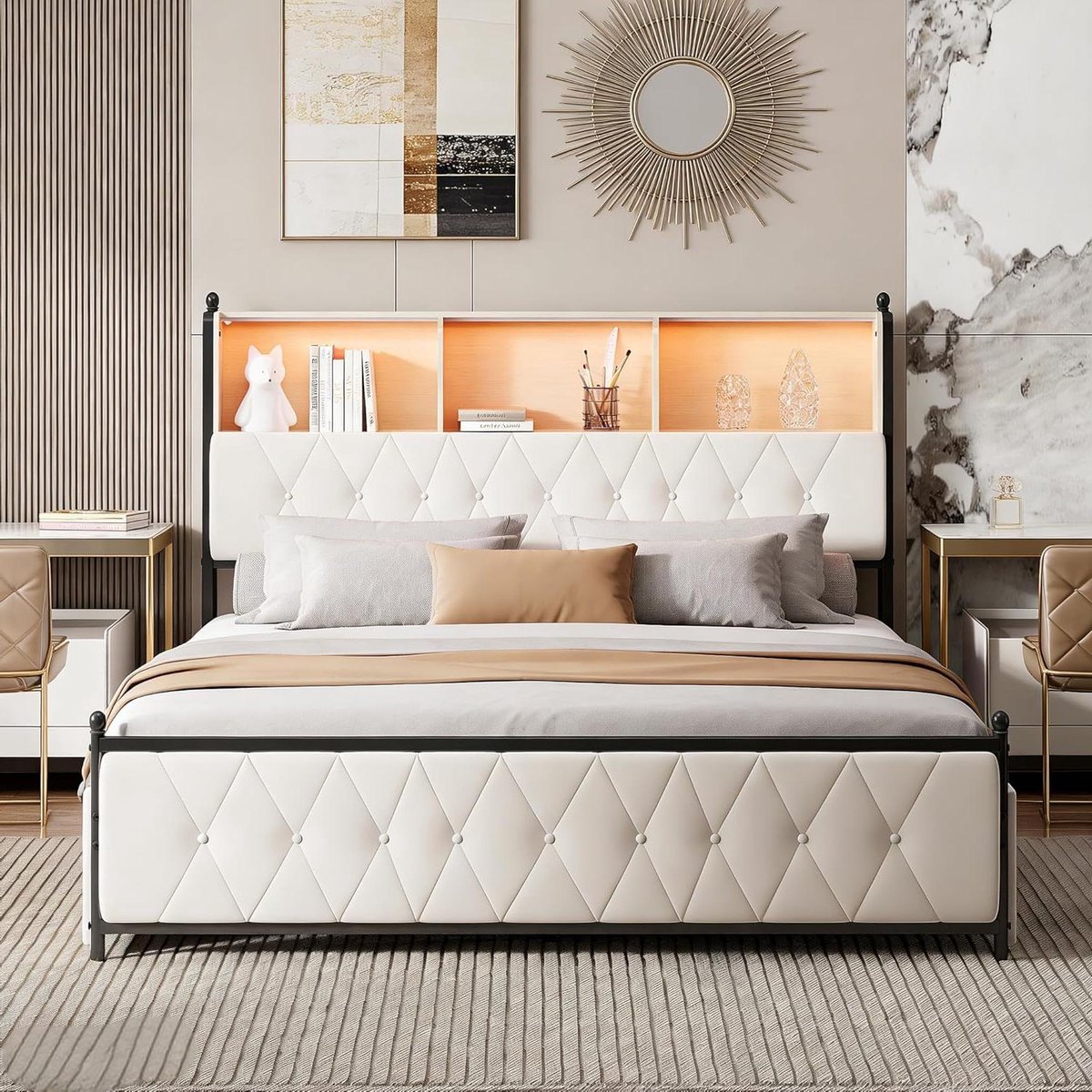 Tweepersoonsbed - Bed met opbergruimte - Slaapkamer inrichten - Geïntegreerde LED en USB -