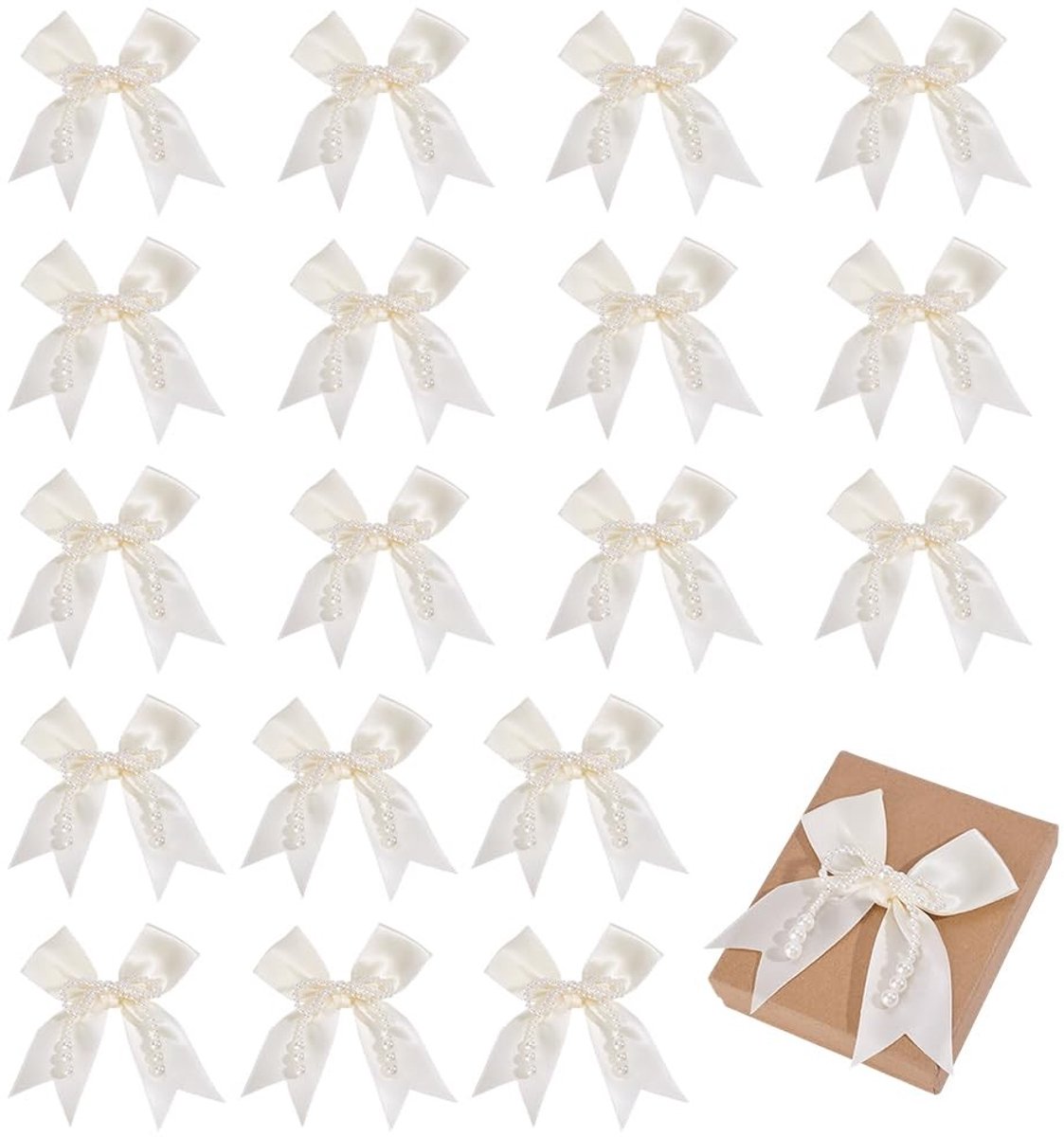 Dailygoods - 20 Stuks Witte Parelstrikken voor Taart- en Boekettoppers