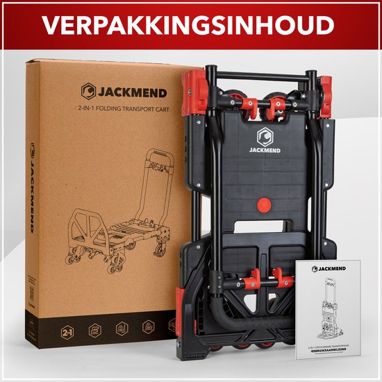 Zwarte en rode Jackmend 2-in-1 opvouwbare transportkar naast de verpakking en de handleiding.