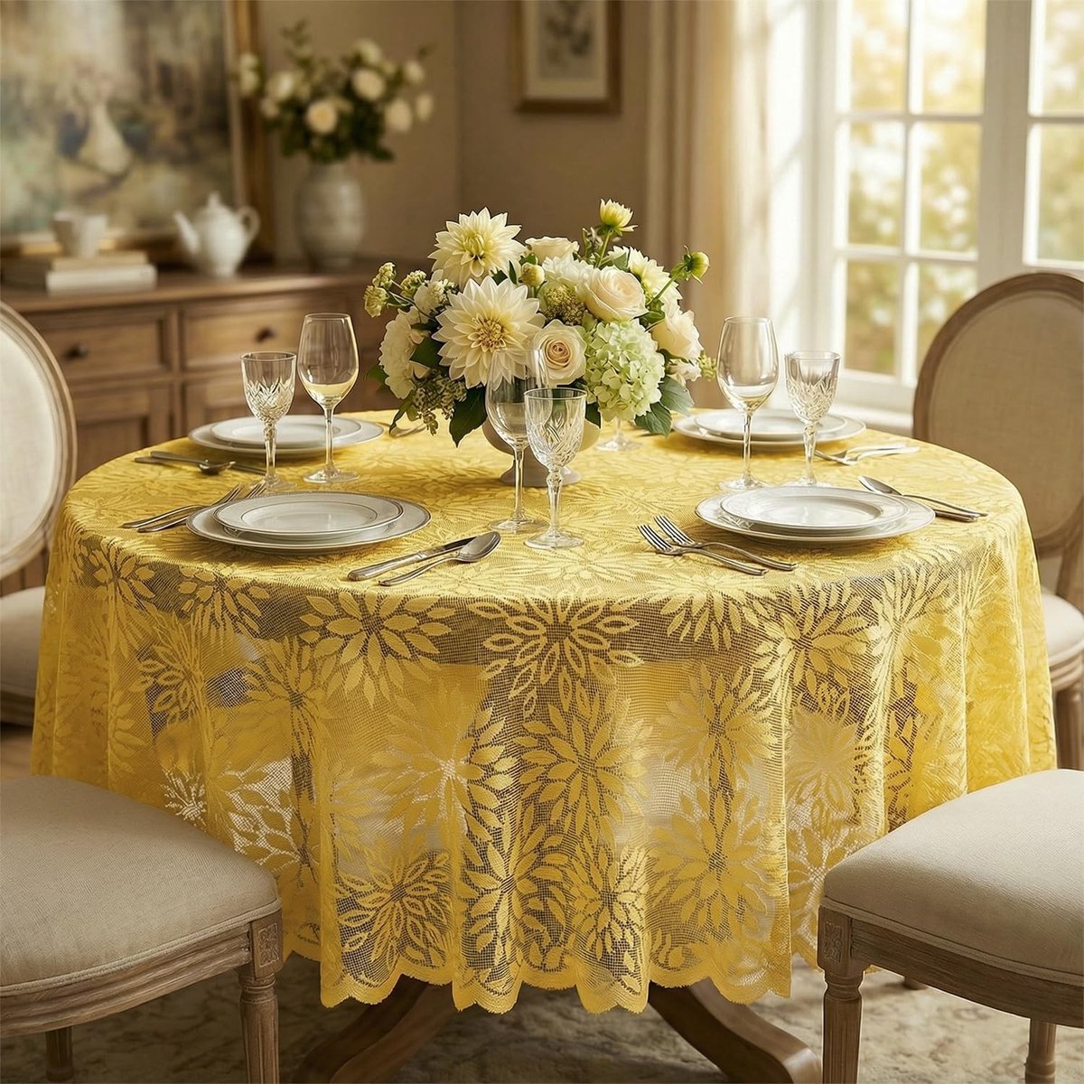 Dailygoods - Tafelkleed met Jacquard Bloemendesign, Rond 150 cm, Geel