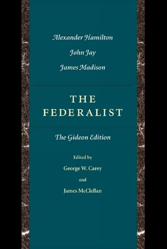 De kaft van 'The Federalist', The Gideon Edition, met auteurs Alexander Hamilton, John Jay en James Madison.