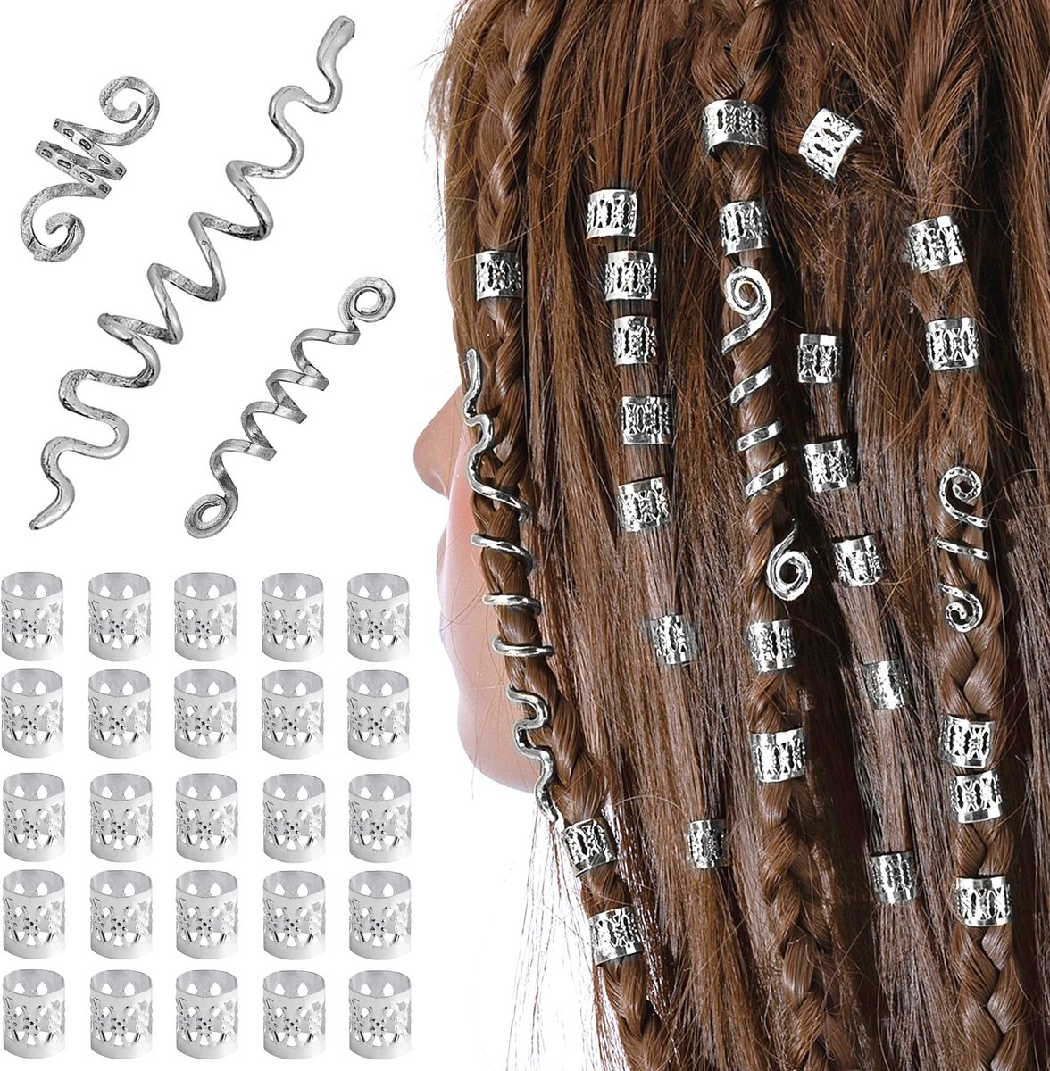 Dailygoods - Dailygoody - Sierlijke dreadlocks haarspiralen clips - Verstelbare metalen manchetten - Zilver - Haar vlechten kralen - Geschikt voor vrouwen en mannen