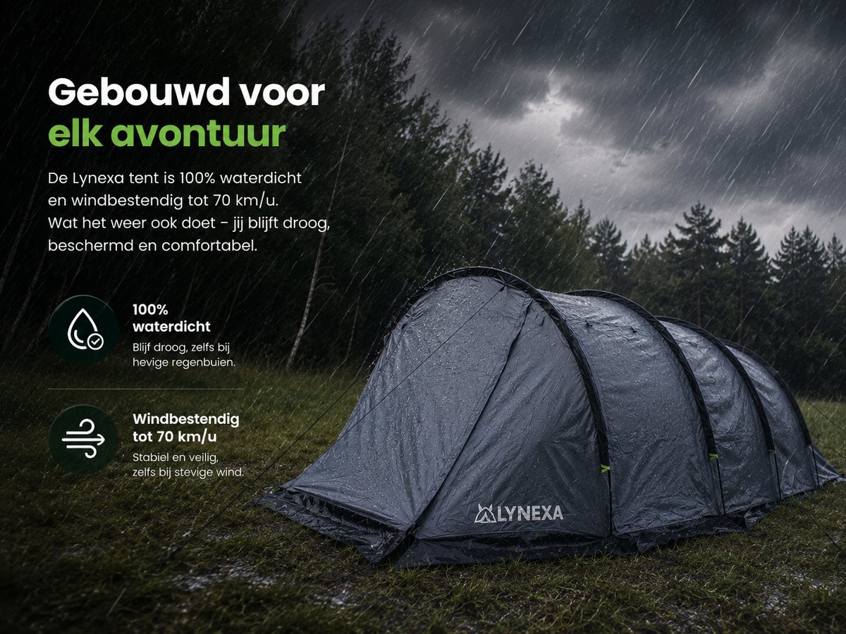 LYNEXA® Tent - Kampeertent - Tunneltent met 2 Compartimenten - Koepeltent - Familietent voor 2 tot 4 Personen - Waterdicht & Windbestendig - Camping tent - Panoramische Ramen & Ventilatie - Voor Camping & Outdoor - Inclusief Draagtas & Campinglamp – foto 5