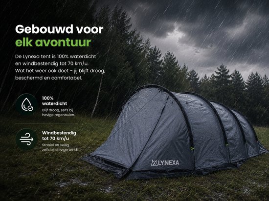 LYNEXA® Tent - Kampeertent - Tunneltent met 2 Compartimenten - Koepeltent - Familietent voor 2 tot 4 Personen - Waterdicht & Windbestendig - Camping tent - Panoramische Ramen & Ventilatie - Voor Camping & Outdoor - Inclusief Gratis Kampeerlamp — afbeelding 5