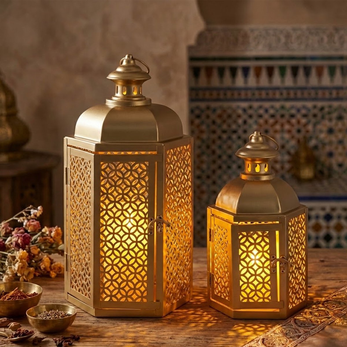 JHY DESIGN Set van 2 Metaal Marokkaanse Kaarslantaarns – 38 en 28 cm – Gouden Vintage Decoratieve Lantaarns - Ramadan Tuin Veranda - Binnen en Buiten