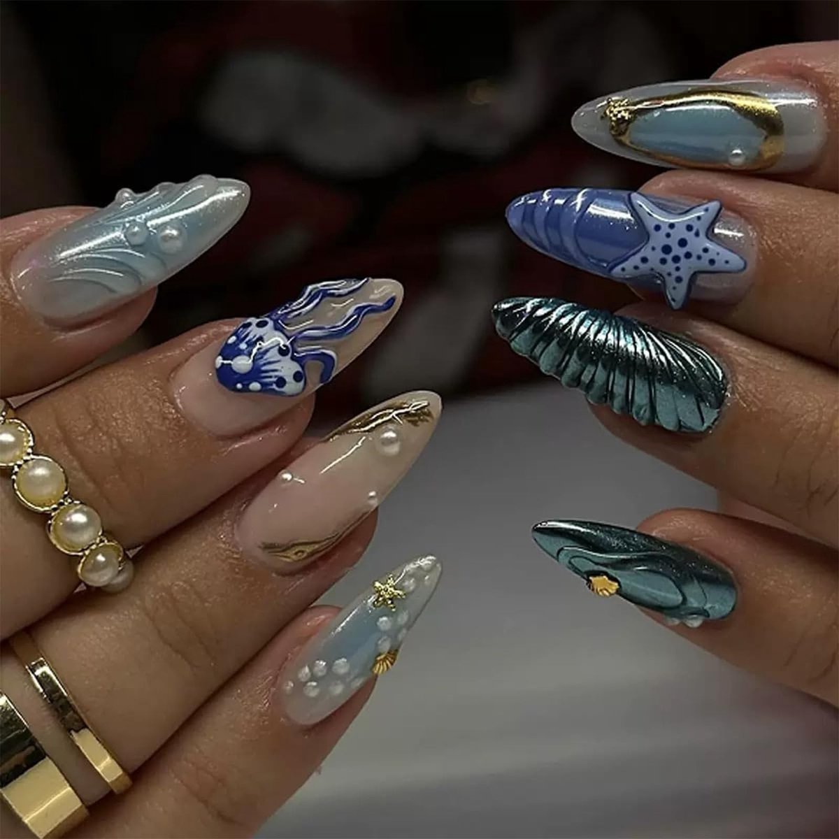 Dailygoods - 24 Stuks 3D Kunstnagels met Parelmoer en Zeesterren