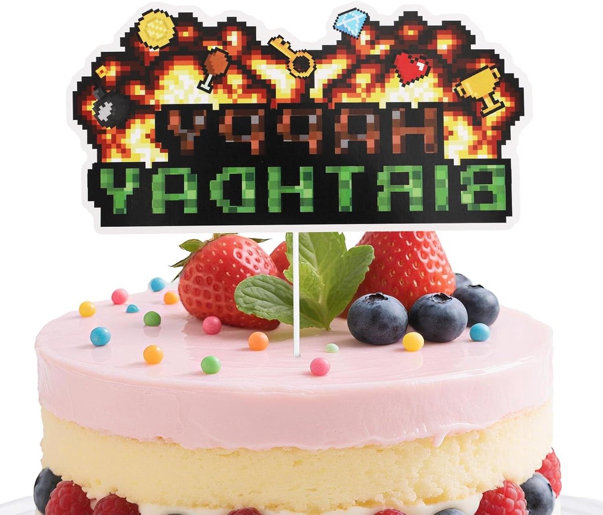 Taarttopper Verjaardag - Feestdecoratie Inzetstuk - Taart Versieren - Pixel Videogame Thema - 17 x 84 cm - Veelkleurig