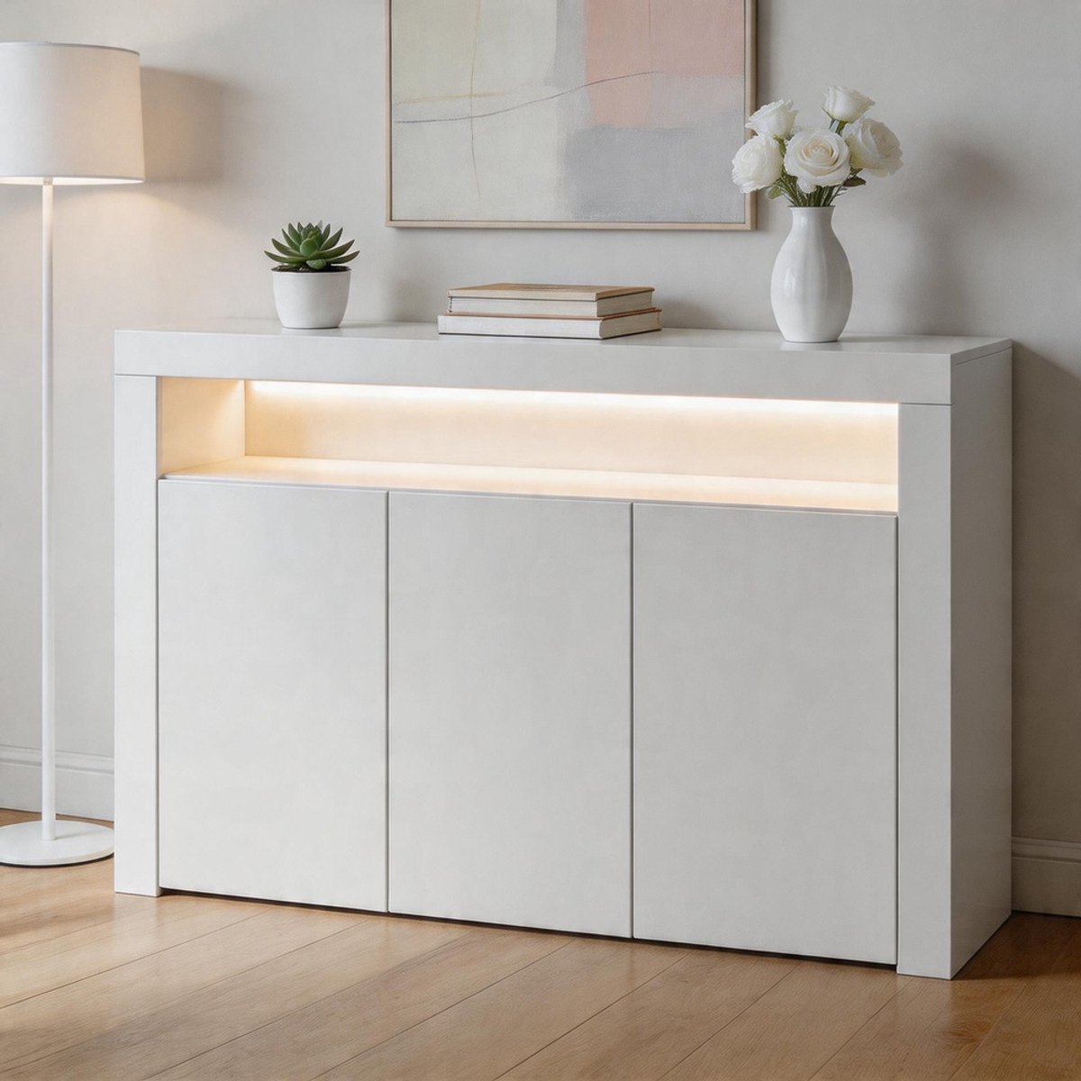 KOMHTOM - Hoogglanzend wit sideboard-vitrine met ledverlichting - moderne houten buffetkast met 3 deuren en opbergruimte - inclusief afstandsbediening - voor keuken, woonkamer, eetkamer, hal