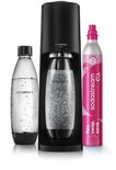 Zwarte SodaStream Terra bruiswatermaker met een lege fles, bruisende fles en roze CO2-cilinder.