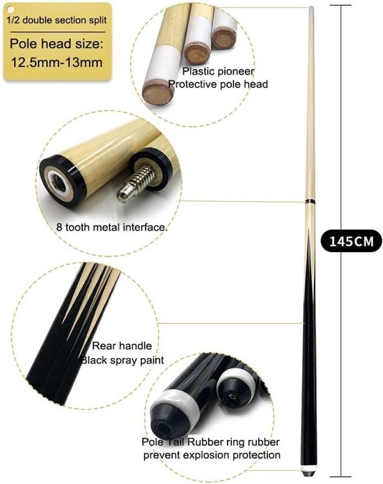 Biljartkeu - Poolstok Keu - Biljart Spelen - Canadees Esdoornhout - 58 Inch - Zwart — afbeelding 2