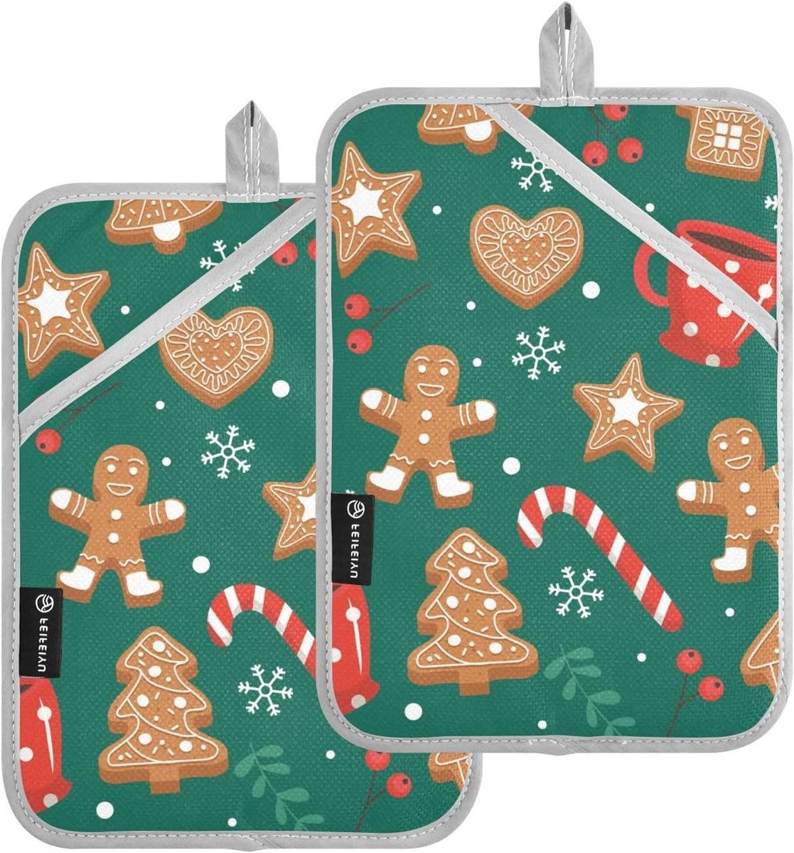 Keukenhandschoenen Set - Ovenwanten Hittebestendig - Koken en Bakken - Met Handige Zakken - 25 x 18 cm - Gingerbread Christmas