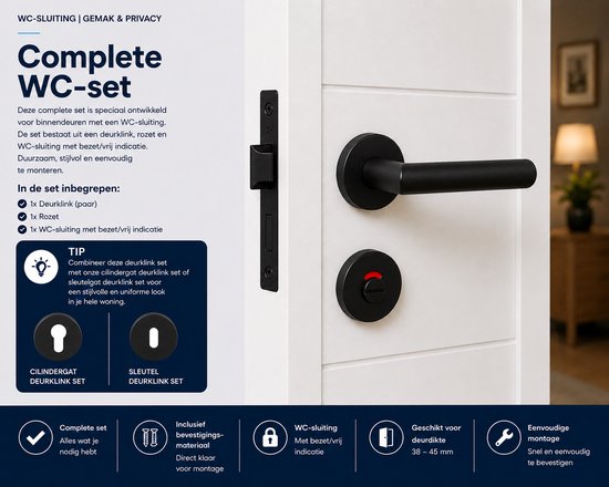 Slotman Solutions Deurklink Set Zwart Rond Rozet WC63/8 | Toiletgarnituur met WC-/Badkamersluiting | RVS Deurbeslag voor Toilet en Badkamer | Inclusief Bevestigingsmateriaal