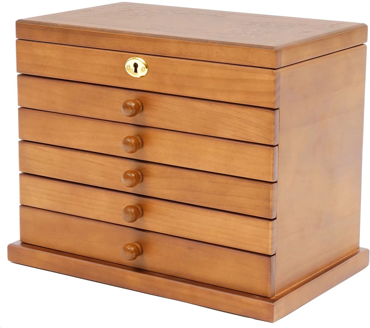 Venzor - Luxe Sieradendoos – 6‑Laags - 29,5x18,5x25cm - Hout – PU Leer – Met Spiegel & Slot – Grote Sieraden Organizer voor Ringen, Kettingen & Oorbellen