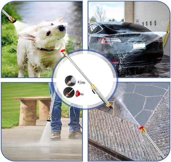 Hogedrukreiniger voor tuinslangen, voorzien van een metalen stang en twee sproeikoppen, voor zowel hogedrukreiniging als zacht water geven; geschikt voor het reinigen van auto's en tuinen - grijs. — afbeelding 4