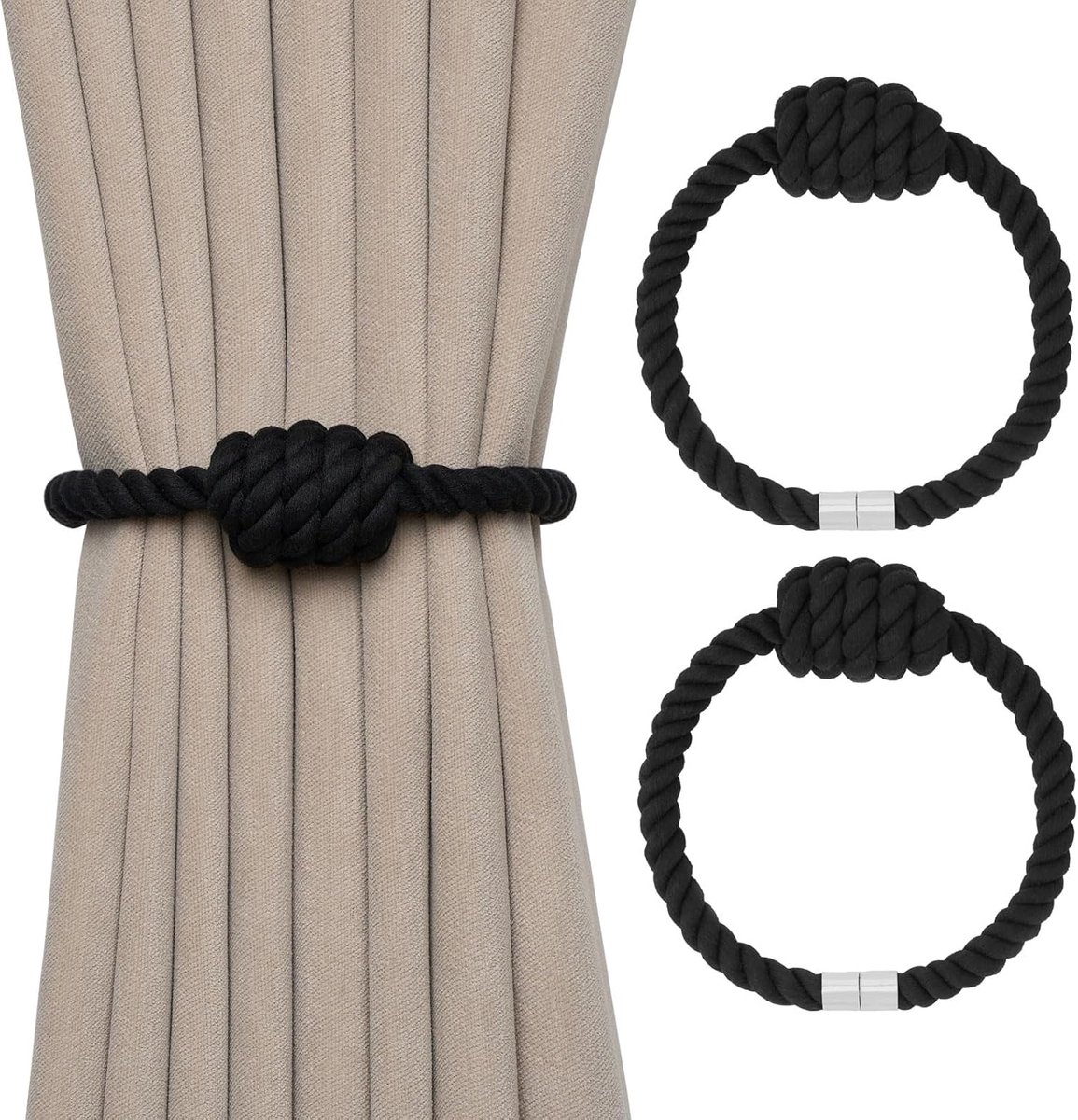 Set van 2 magnetische gordijnbinders van natuurlijk katoenen touw, bohemian stijl, elegante handgeweven decoratieve gordijnbinders met knoop, geschikt voor gordijnen in huis en op kantoor (zwart)