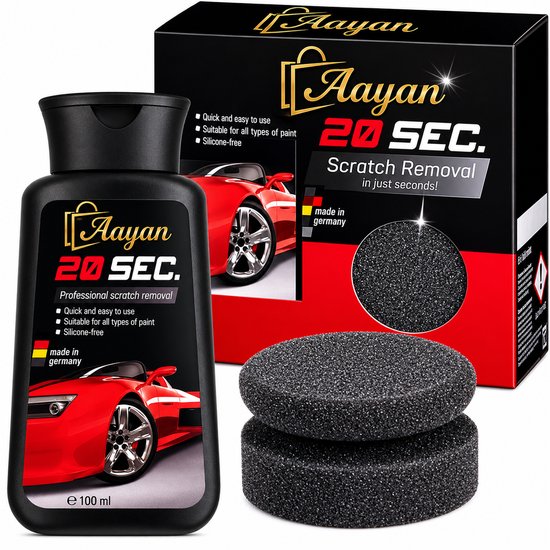 Verpakking van Aayan 20 SEC. Krasverwijderaar met fles, sponsjes en karton met rode sportauto.