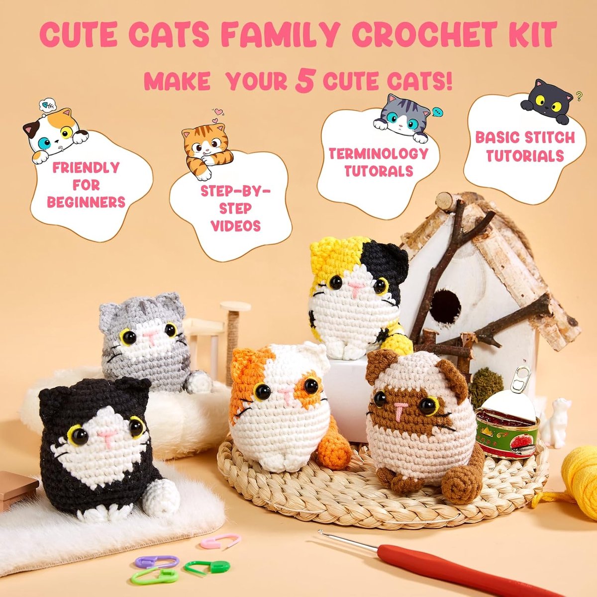 BOTC Haakpakket voor beginners - 6 stuks-Beginners haakset - Amigurumi haakpakketten -5 katten set — afbeelding 2