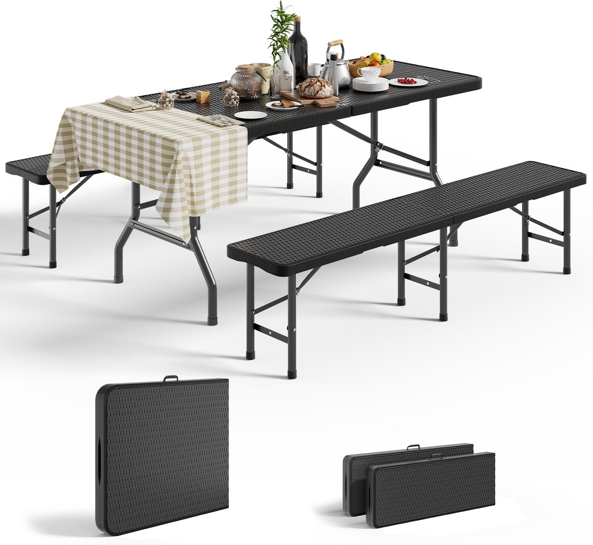 Devoko Biertafelset opklapbaar – Opklapbare tafel + 2 opklapbare stoelen - 8 personen - 74 x 180 x 74 cm - HDPE Kunststof – – Voor Tuin, Camping & Balkon
