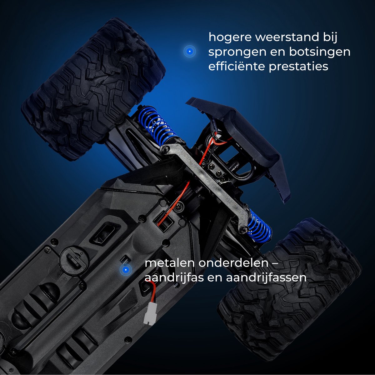 Overmax X-Shard RC auto / RC car Monster Truck 4x4 – metalen aandrijving – tot 30 km/u – LED verlichting – off-road – IPX4 – bereik 90 m – 1:16 – RTR set – 20 min rijtijd – onafhankelijke vering – vanaf 8 jaar - Bestuurbare Auto — afbeelding 18