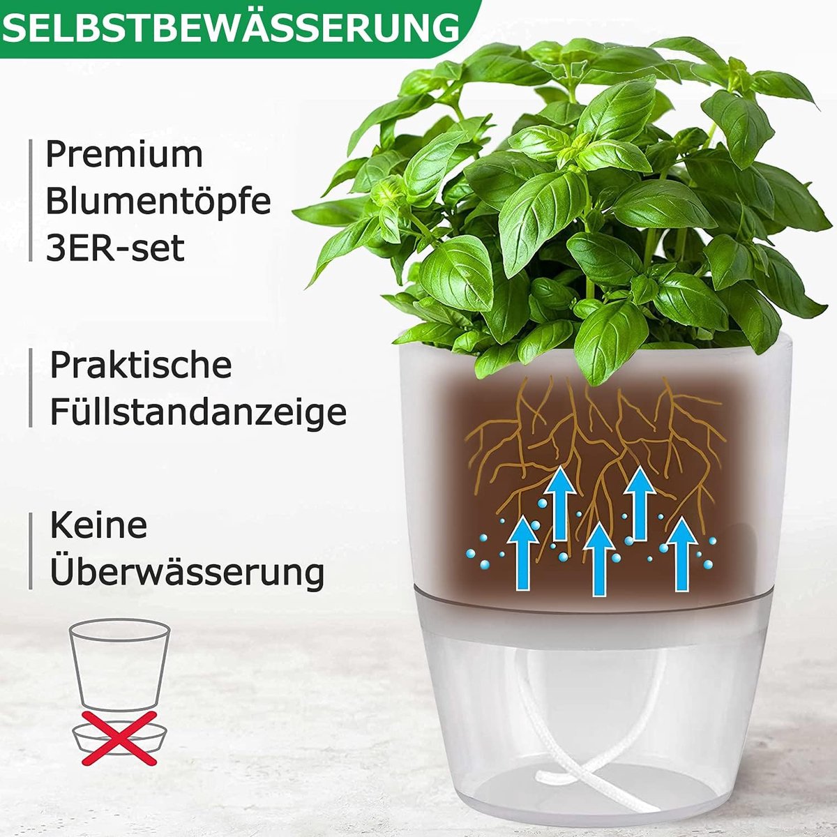 Zelfwaterende Kruidenpotjes Set van 3 – Kruidenpot met Waterreservoir – bloempot - Bloempot voor Keuken, Vensterbank en Balkon – Moderne Zelfbewaterende Plantenpot voor Binnen — cadeau in Kookcadeaus - foto 3