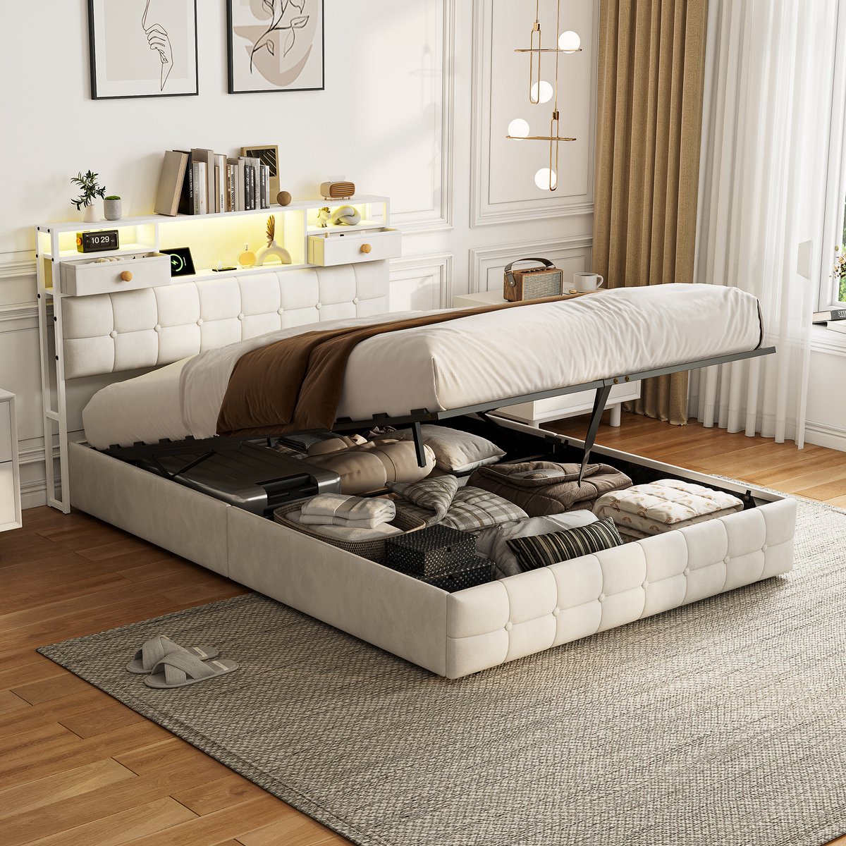 Solvenrik Opbergbed 160x200 Beige Velvet – met LED, USB & Opbergruimte
