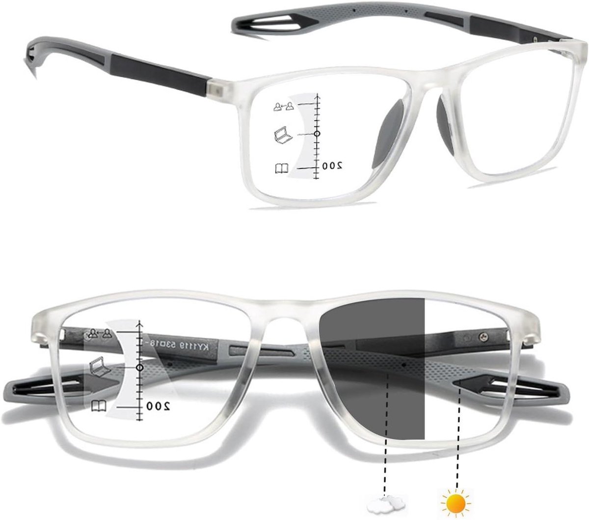 Progressieve multifocale leesbril voor mannen en vrouwen, sportief design, flexibele anti-blauwlicht leesbril(Transparent/Gray,1.5 x)