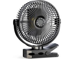 Oplaadbare ventilator met klem en 12000 mAh-batterij - 4 snelheden, USB-oplaadfunctie voor kantoor, thuis, kamperen in de buitenlucht Automatische oscillatie, timer, sfeerverlichting met 3 standen