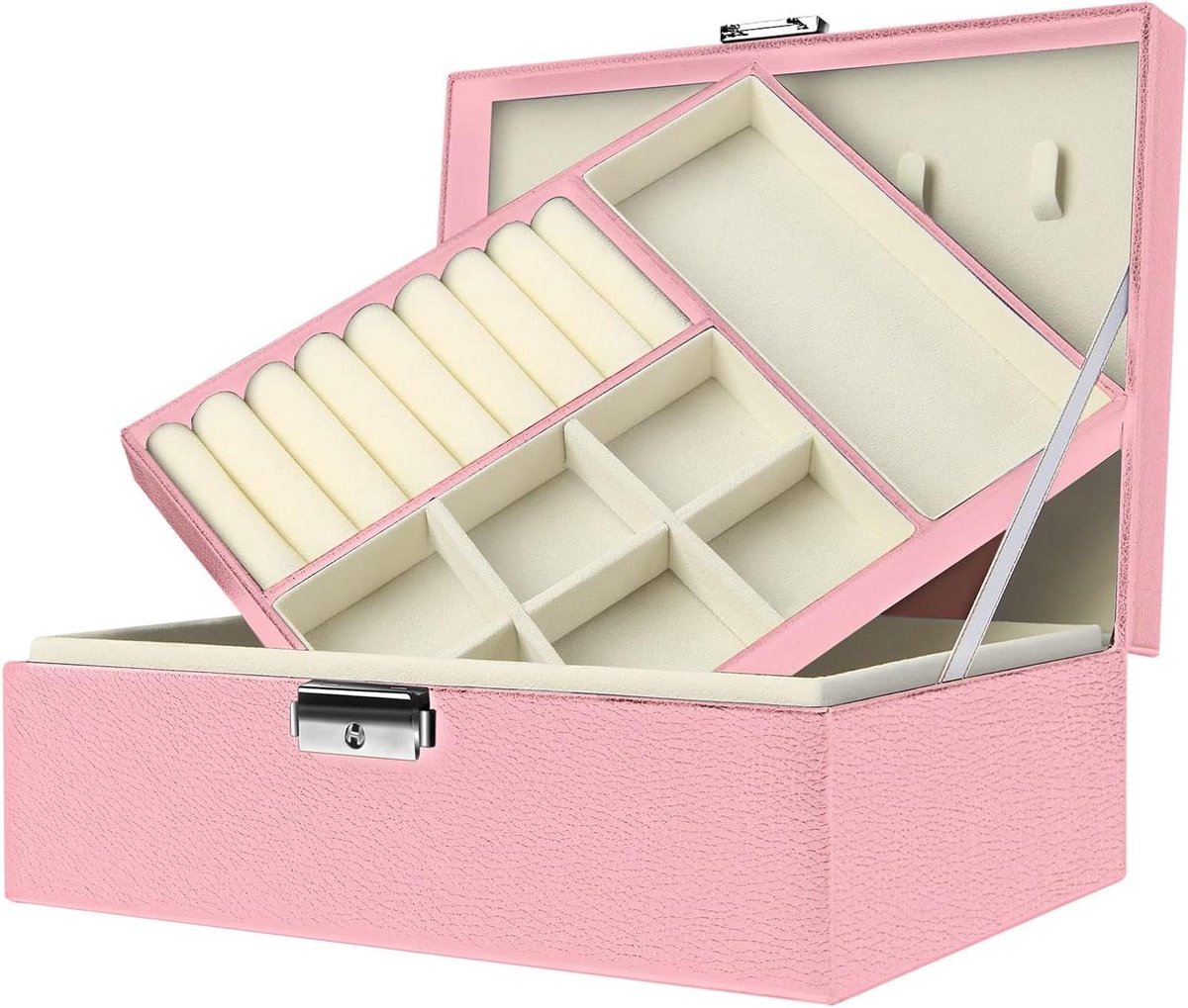 Sieradendoos Opbergdoos - Juwelendoos Organizer - Sieraden Opbergen - Afsluitbaar Twee Niveaus - 23 x 18 x 8.5 cm - Roze