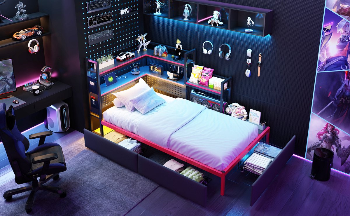 Platform Bed Met LED En USB - Gaming Bedframe Met Lades En Zijplanken