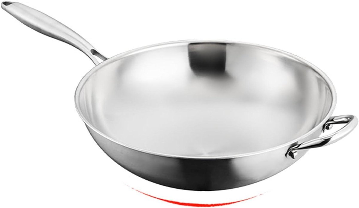 Roestvrijstalen Wokpan Kookgerei Ronde Bodem Veelzijdig Koken Ovenbestendig tot 315℃ 32 cm Zilver