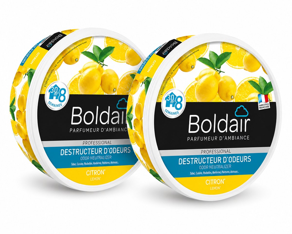Boldair Geurverdrijver Gel Citron 300 g - Set van 2 Stuks - Professionele Luchtverfrisser Geurneutralisator - 8 Weken Werking tot 30 m² - Made in France Grasse