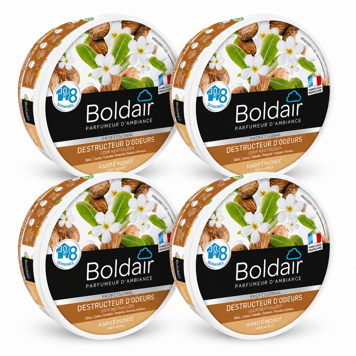 Boldair Geurverdrijver Gel Karité Monoï 300 g - Set van 4 Stuks - Professionele Luchtverfrisser Geurneutralisator - 8 Weken Werking tot 30 m² - Made in France Grasse