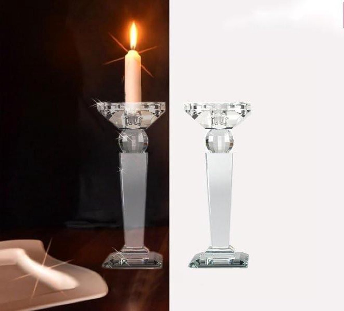 Kristallen kandelaars set - Elegant glaswerk - Sfeer creëren - Artisanale snijtechniek - 21.5 cm hoog - Zilverkleurig