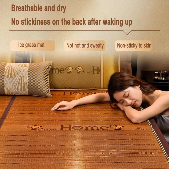 Foldable Double Sided Bamboo mat for Bed, Breathable Carbonized Bamboo Summer Sleeping Mat, Rattan Cooling mat, Folding Mattress Bamboo - Bedroom Essential for Summer Sleeping(with Pillowcas — afbeelding 4