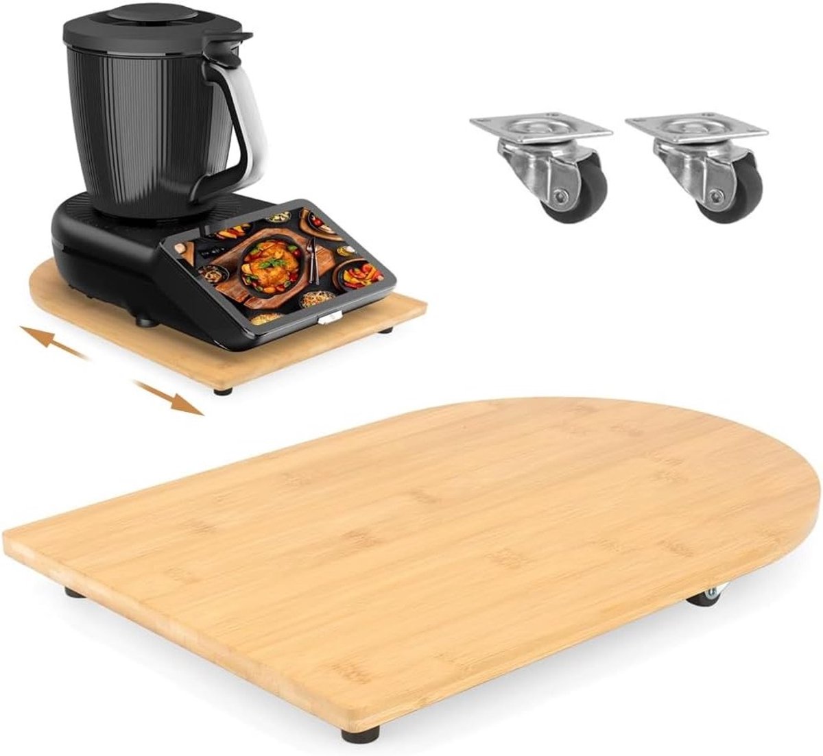 Bamboe glijplank met 360° wielen en antislip rubberen voetjes voor Thermomix TM7, veilig en krasvrij gebruik, accessoires voor keukenoptimalisatie en efficiëntie