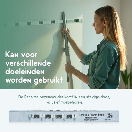 Recalma Bezemhouder Set van 2 - Gereedschapshouder Wand - Bezem Ophangsysteem Tuingereedschap - 304 RVS - 8 Haken 7 Klemmen - Zelfklevend & Schroef - Zilver van Recalma — afbeelding 2