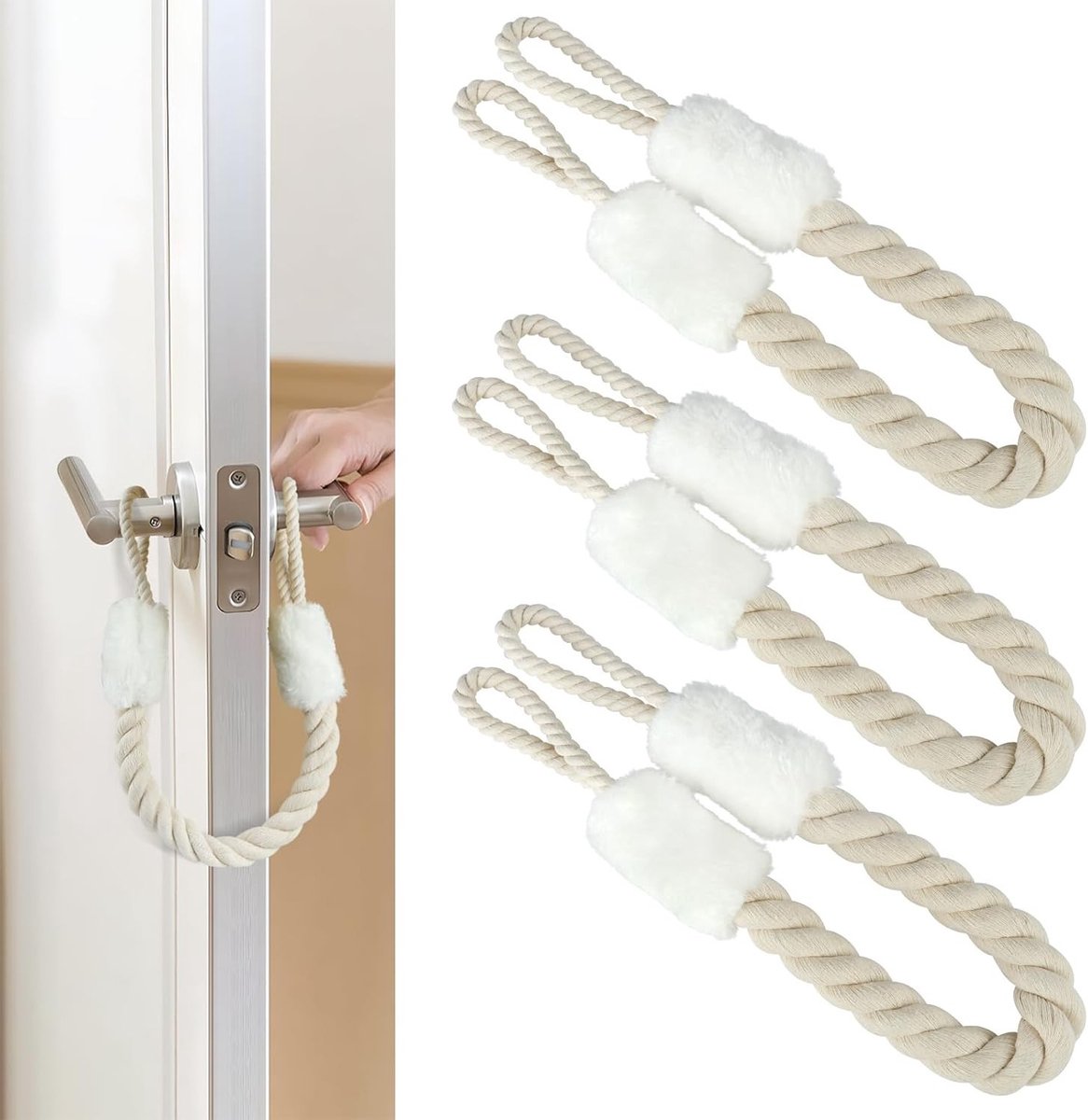 Set van 3 Deurstopper Handgrepen van Katoen, 60 cm Lange Deurkoord voor Kinderen en Huisdieren, Veiligheid en Vingerbescherming