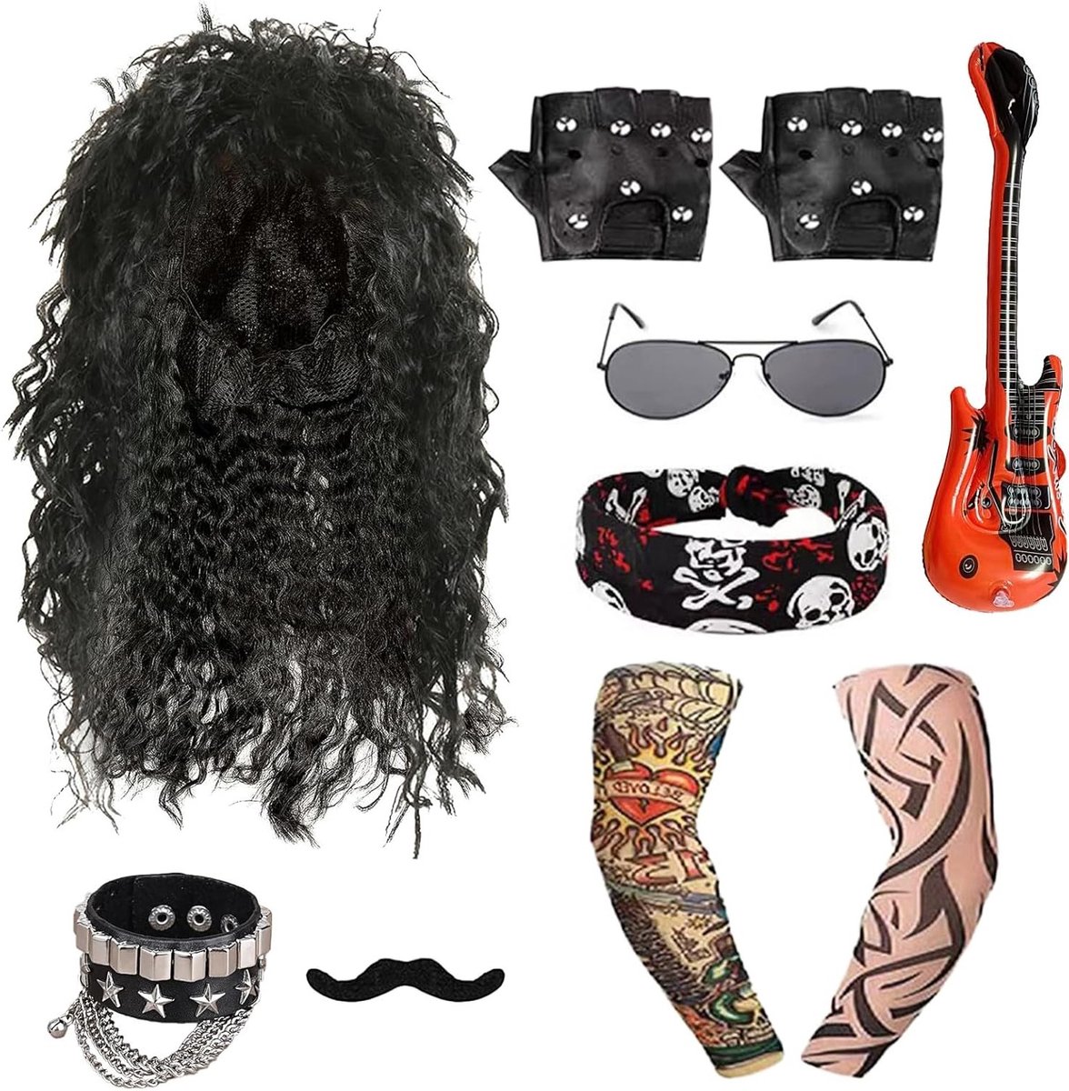 Rocker Party Set voor Mannen met 8 Accessoires, 80s Rock Kostuum, Hippie Outfit en Snor Kit voor Feestjes